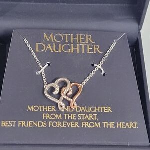 NIB MOTHER DAUGHTER BOXED CRYSTAL SILVER & ROSE GOLD HEARTS NECKLACE
